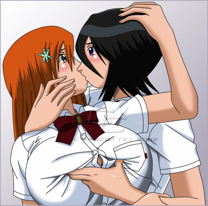 Rukia Taking Inoue's Big Tits While Kissing